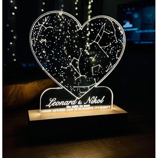 Gravírovaná LED hviezdna mapa srdce
